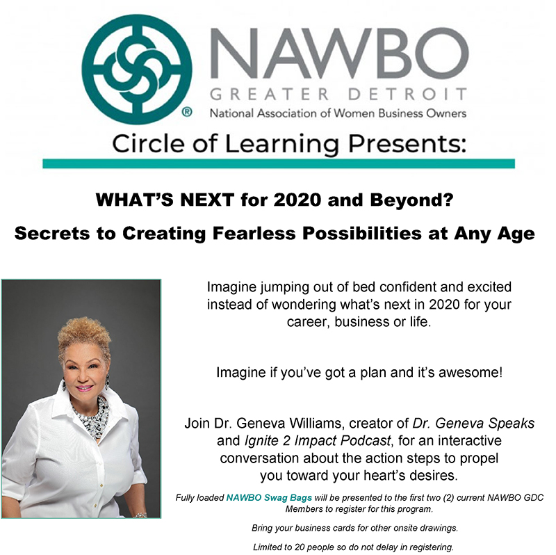 Dr. Geneva Williams creator of Dr. Geneva Speaks will give and interactive conversation about the action steps to propel you toward your heart's desire.